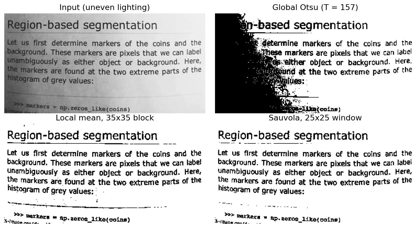 Unevenly lit text page binarized by global Otsu, local mean and Sauvola thresholds