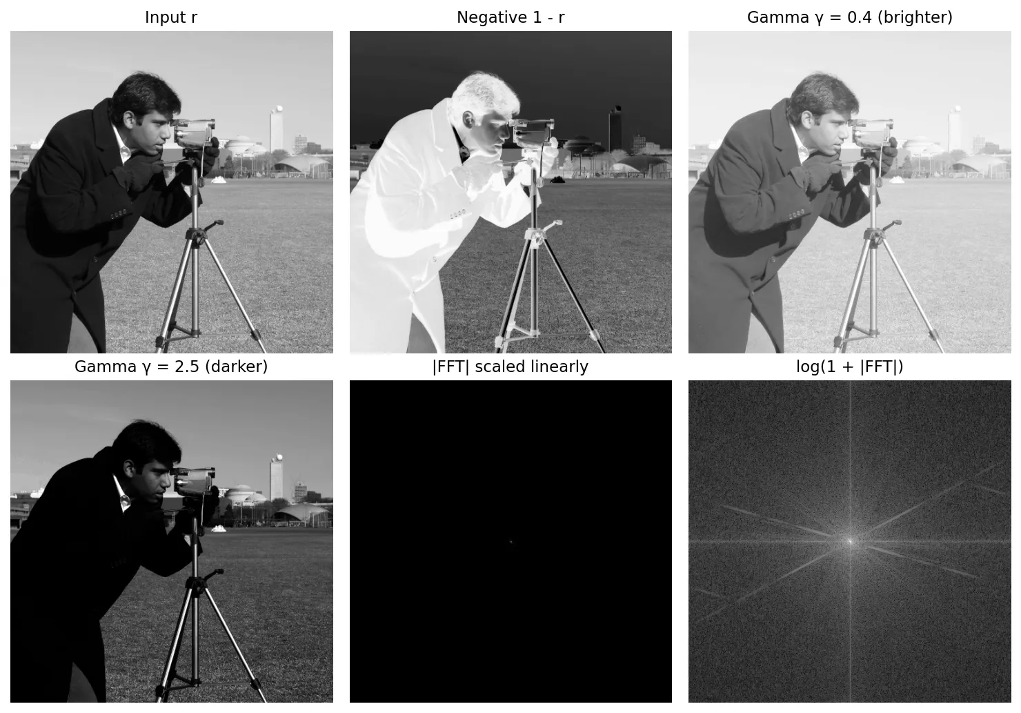 A grid of six images: the camera-man test image, its negative, a brightened gamma 0.4 version, a darkened gamma 2.5 version, a nearly black linearly scaled Fourier magnitude, and the same spectrum after a log transform showing visible structure.