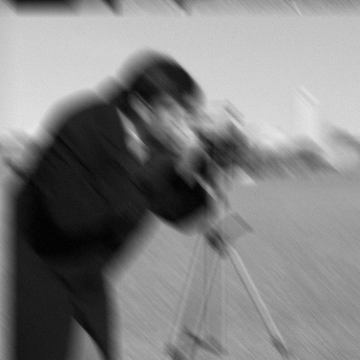 Cameraman image with diagonal motion blur and noise, compared with the Wiener-filtered result