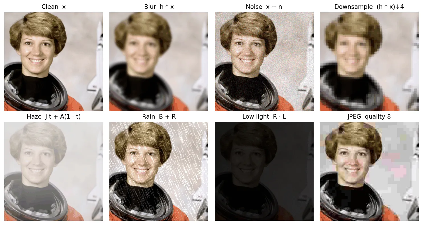 Eight versions of the same astronaut portrait: clean, blurred, noisy, downsampled by four with blocky pixels, hazy with a washed-out white veil, with white diagonal rain streaks, nearly black low-light version, and a heavily compressed JPEG with blocky color patches.