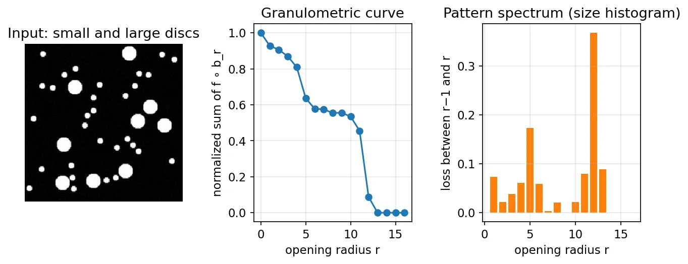 Left: dark image with small and large bright discs. Middle: normalized sum of opened image versus radius, dropping in two steps. Right: bar chart with peaks at radius 5 and radius 12.
