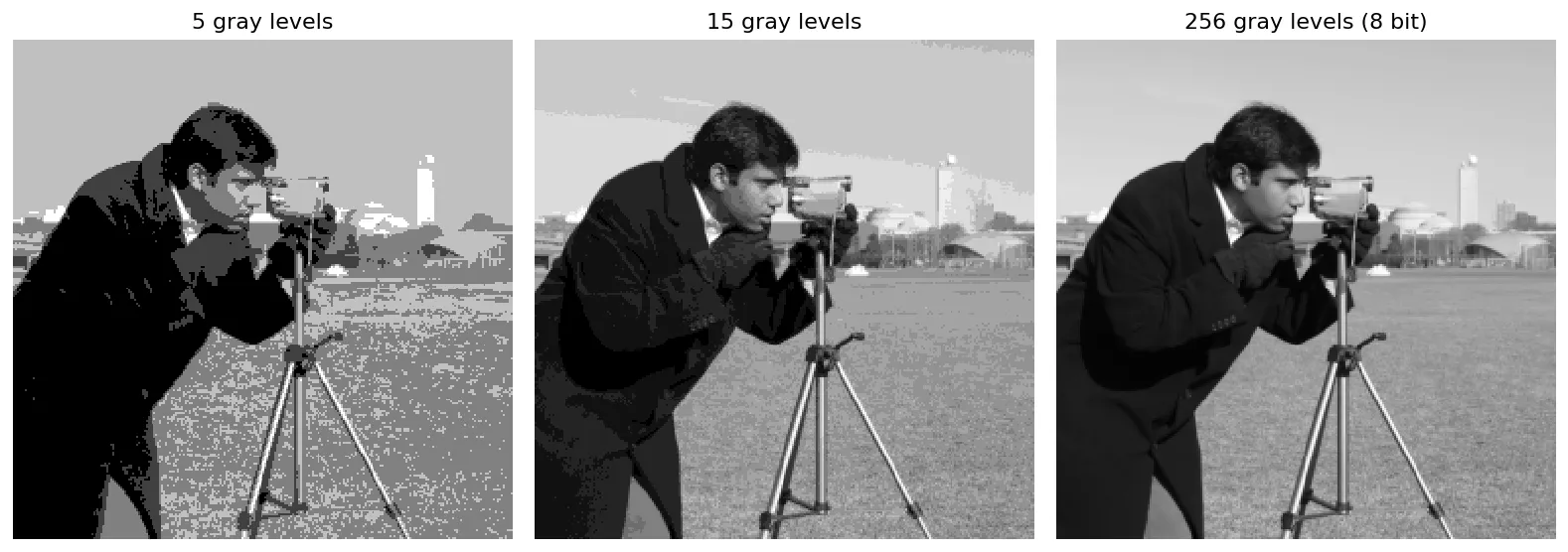 The cameraman image shown three times, quantized to 5, 15 and 256 gray levels; the 5-level version collapses into flat patches and the 15-level sky shows bands