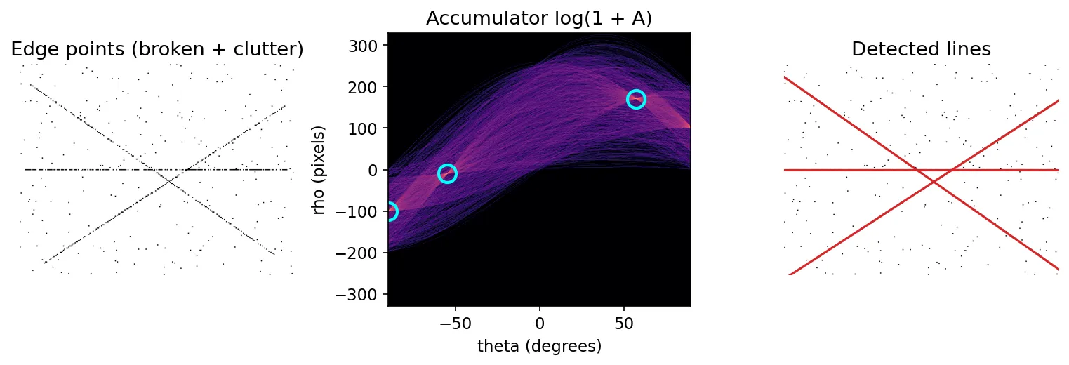 Broken lines with clutter, their Hough accumulator with three peaks, and the three detected lines
