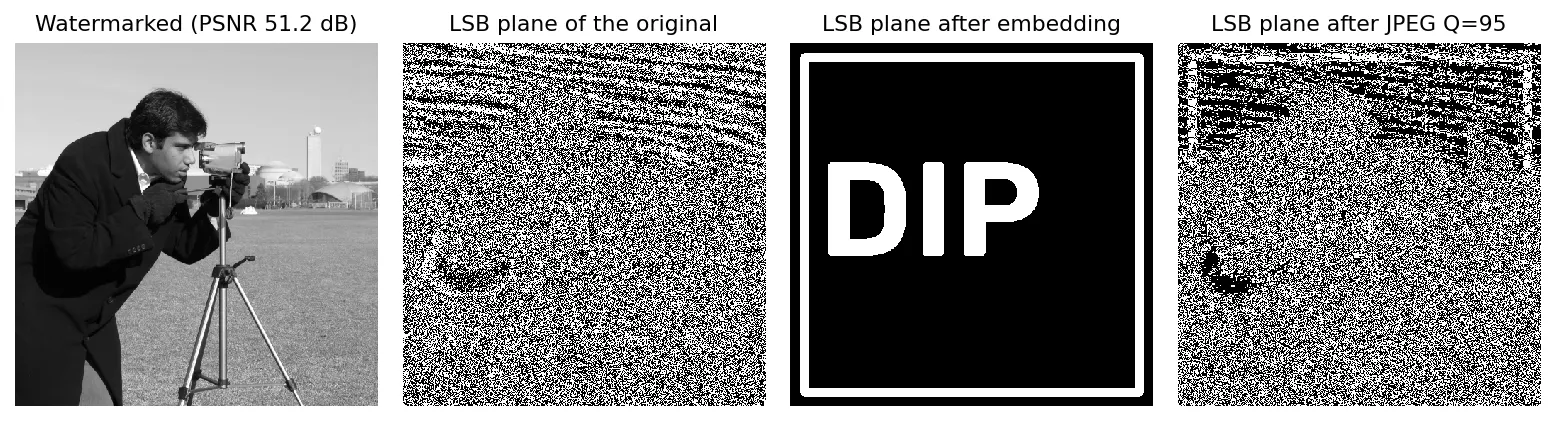 Watermarked image, original LSB plane, LSB plane containing a DIP logo, and LSB plane after JPEG quality 95 where the logo is gone