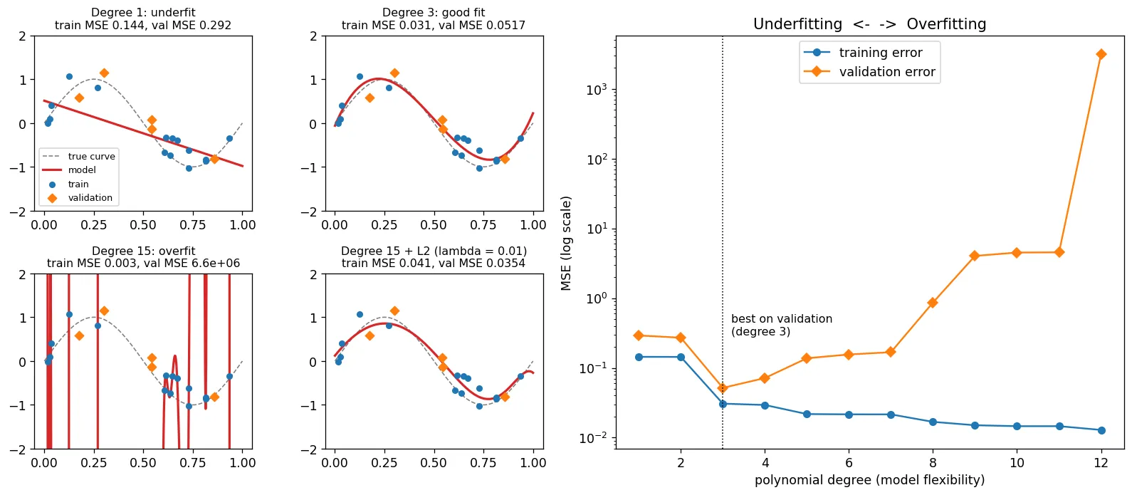 Four panels of the same noisy points from a sine curve. A straight line misses the curve; a cubic follows it; a degree-15 polynomial passes through every training point and oscillates wildly near the edges; the same degree-15 polynomial with L2 regularization is smooth. A fifth panel plots training and validation error against polynomial degree, the training error falling steadily and the validation error forming a U shape.