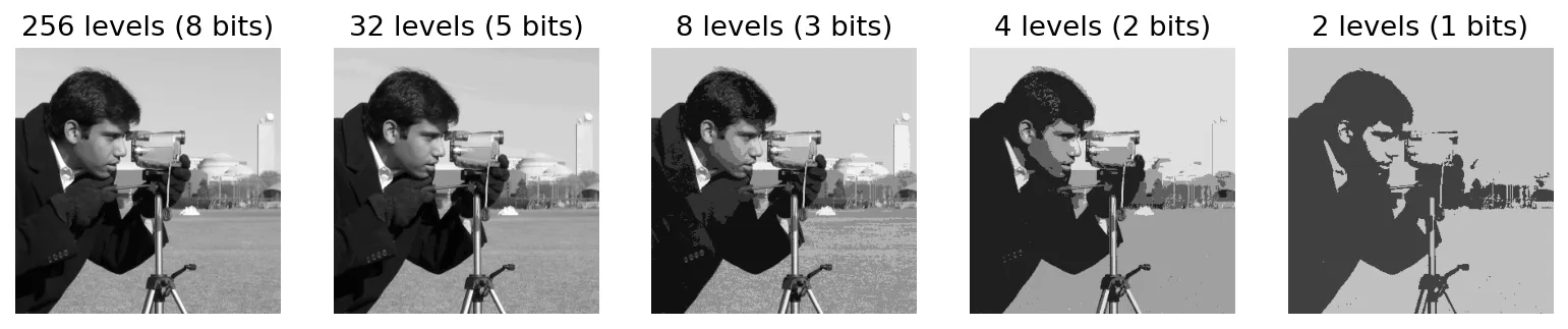 The cameraman image quantized to 256, 32, 8, 4 and 2 gray levels; false contours appear in the sky at 8 levels and below.