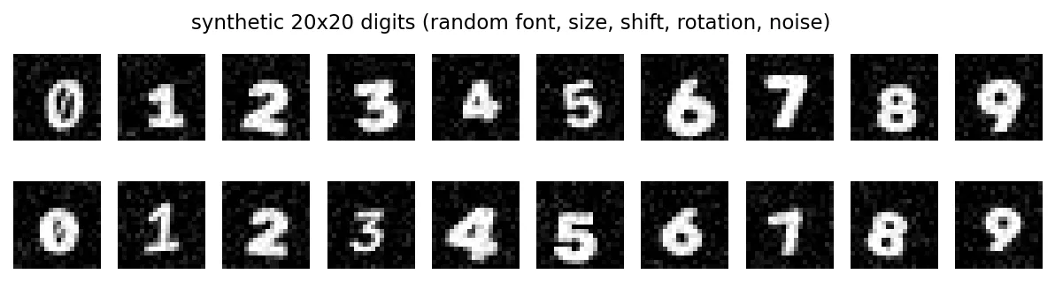 Twenty small grayscale images of digits 0 to 9 in different fonts, sizes and angles