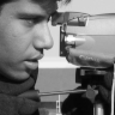 Cameraman crop upsampled four times with nearest-neighbor and with bicubic interpolation