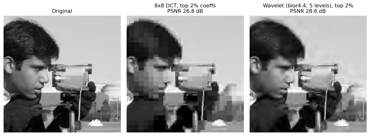 Original crop, an 8x8 DCT reconstruction from 2 percent of coefficients showing blocks, and a wavelet reconstruction from 2 percent showing smooth blur
